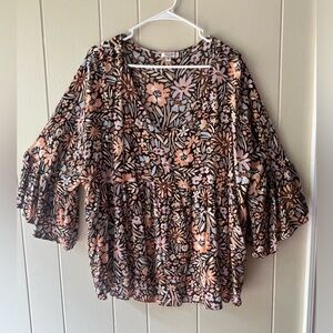 Andree by Unit Floral Print Bell Sleeve Peasant Babydoll Blouse Top Size 2X
